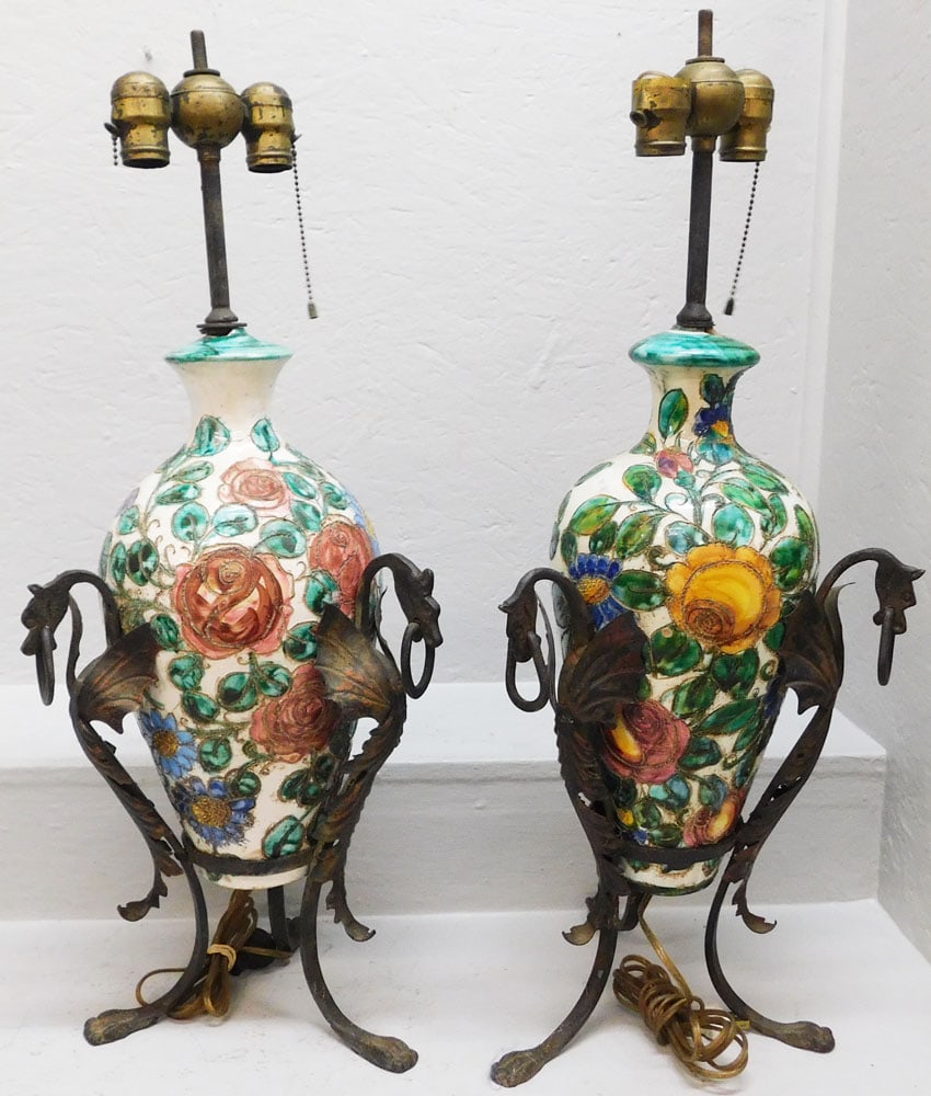Pair Painted Pottery & Wrought Iron Lamps - Both As Is (1 of 5)