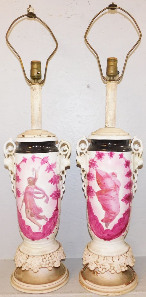 Pair Hand Painted Porcelain Vases Made Into Lamps - With Restorations (1 of 5)