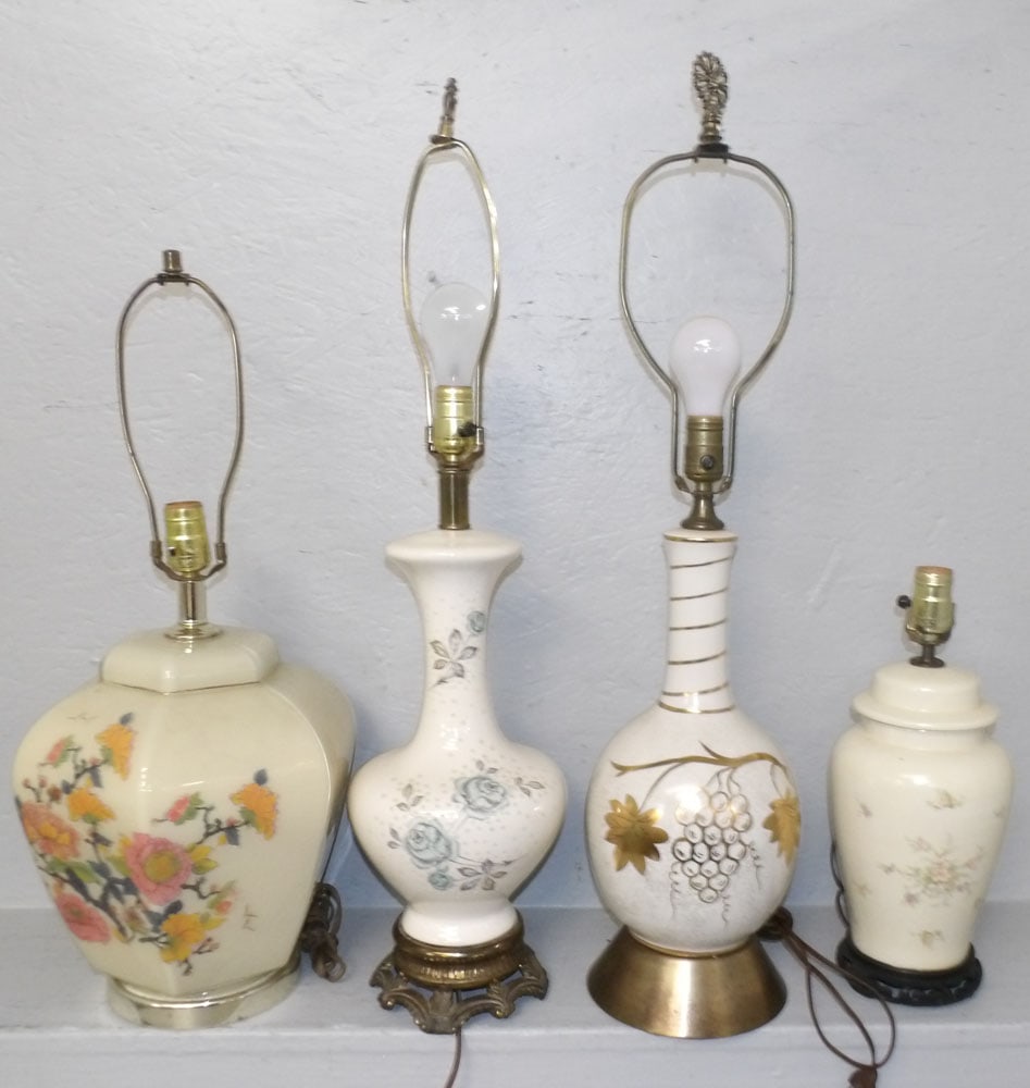 Lot Porcelain & Glass Decorative Lamps: Lot Porcelain & Glass Decorative Lamps. Up To 31 1/4" H ALL DESCRIPTIONS AND ANY CONDITION STATEMENT GIVEN BY LANGSTON AUCTION GALLERY ARE STRICTLY OPINIONS AND LANGSTON'S SHALL HAVE NO RESPONSIBILITY