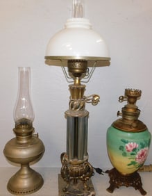 Antique Rayo Nickel Plated Oil Lamp - Antique Electrified Oil Lamp - Glass Shade Metal Lamp
