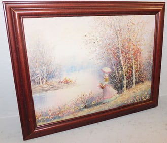 Framed Oil On Canvas Lake Scene
