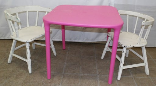 Childs Plastic Table With Two Wood Chairs