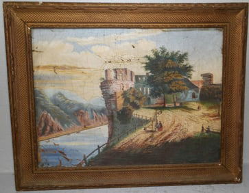 Antique Framed Oil On Canvas Castle Scene