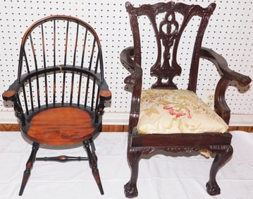 Carved Mahogany Chippendale Style Childs Arm Chair & Windsor Chair (As Is)