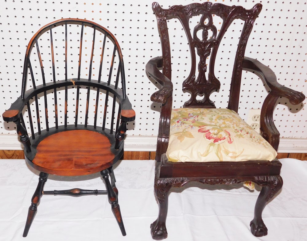 Carved Mahogany Chippendale Style Childs Arm Chair & Windsor Chair (As Is): Carved Mahogany Chippendale Style Childs Arm Chair & Windsor Chair (As Is). 25 1/4" H 17" W 13 1/2" D ALL DESCRIPTIONS AND ANY CONDITION STATEMENT GIVEN BY LANGSTON AUCTION GALLERY ARE STRICTLY OPINIO