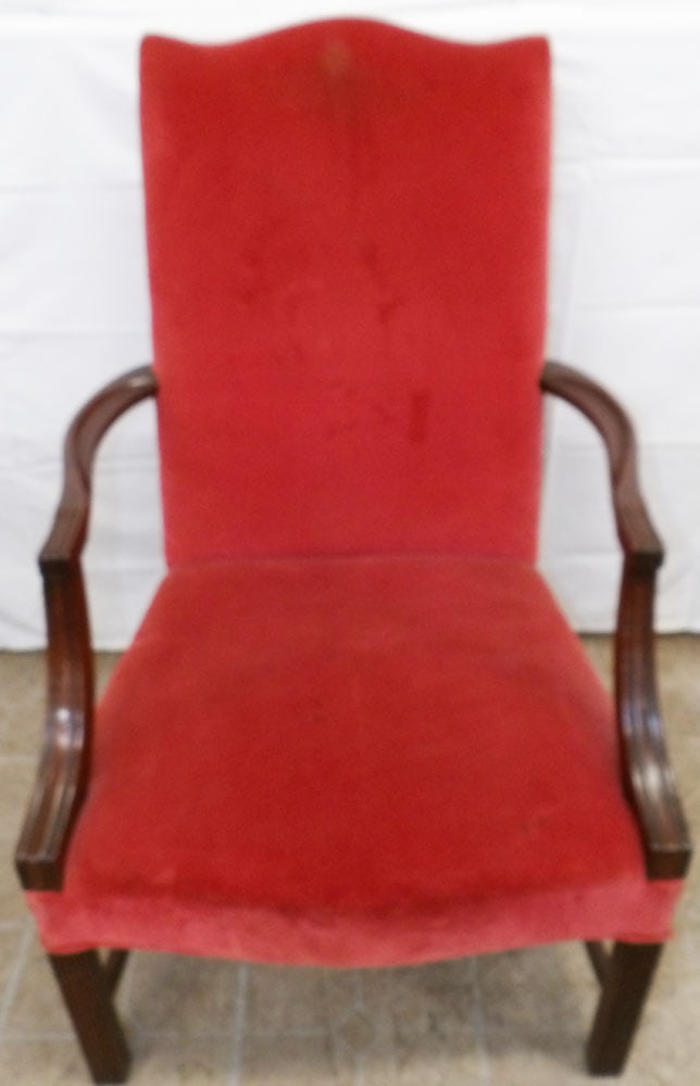 Mahogany Upholstered Library Chair: Mahogany Upholstered Library Chair. 41 3/4" H 25 1/2" W 29" D ALL DESCRIPTIONS AND ANY CONDITION STATEMENT GIVEN BY LANGSTON AUCTION GALLERY ARE STRICTLY OPINIONS AND LANGSTON'S SHALL HAVE NO RESPONSI