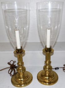 Pair Brass Candle Stick Lamps With Glass Shades