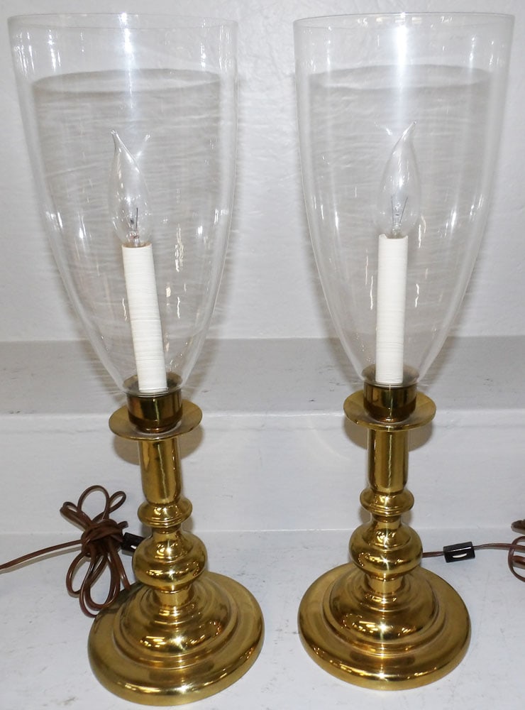 Pair Brass Candle Stick Lamps With Glass Shades (1 of 4)