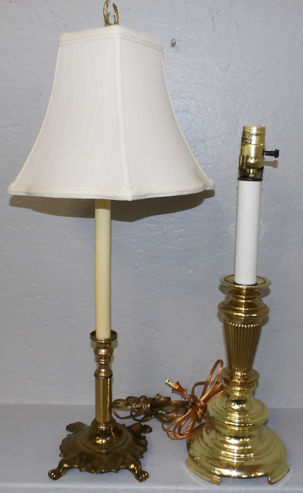 Two Brass Candlestick Lamps: Two Brass Candlestick Lamps. 25 3/4" H 10" Dia ALL DESCRIPTIONS AND ANY CONDITION STATEMENT GIVEN BY LANGSTON AUCTION GALLERY ARE STRICTLY OPINIONS AND LANGSTON'S SHALL HAVE NO RESPONSIBILITY FOR ERRO