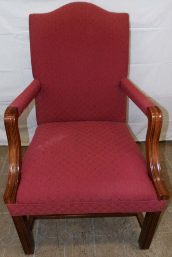Mahogany Upholstered Arm Chair: Mahogany Upholstered Arm Chair. 39 1/2" H 26" W 25" D ALL DESCRIPTIONS AND ANY CONDITION STATEMENT GIVEN BY LANGSTON AUCTION GALLERY ARE STRICTLY OPINIONS AND LANGSTON'S SHALL HAVE NO RESPONSIBILITY F