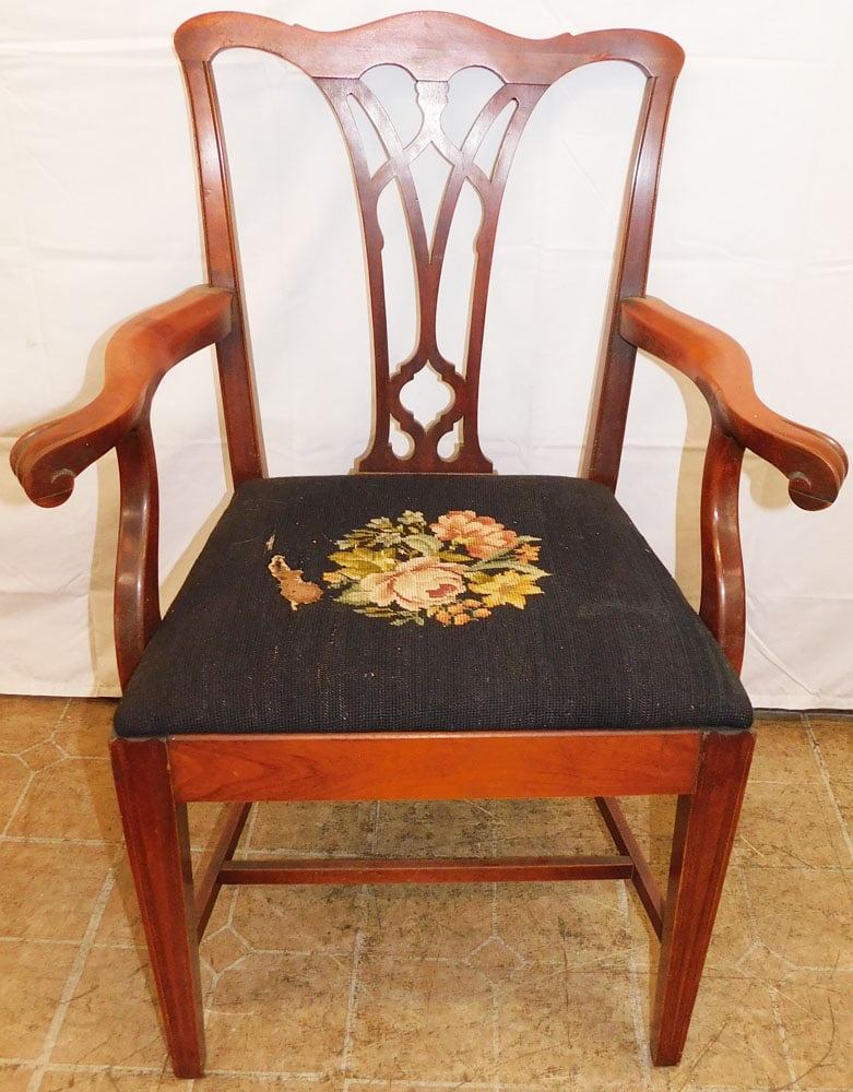 Mahogany Needlepoint Seat Arm Chair: Mahogany Needlepoint Seat Arm Chair. 36" H 26" W 19" D ALL DESCRIPTIONS AND ANY CONDITION STATEMENT GIVEN BY LANGSTON AUCTION GALLERY ARE STRICTLY OPINIONS AND LANGSTON'S SHALL HAVE NO RESPONSIBILITY