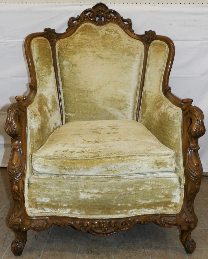 Carved Walnut Velvet Upholstered Swan Arm Chair: Carved Walnut Velvet Upholstered Swan Arm Chair. 43 1/4" H 29" W 33" D ALL DESCRIPTIONS AND ANY CONDITION STATEMENT GIVEN BY LANGSTON AUCTION GALLERY ARE STRICTLY OPINIONS AND LANGSTON'S SHALL HAVE NO