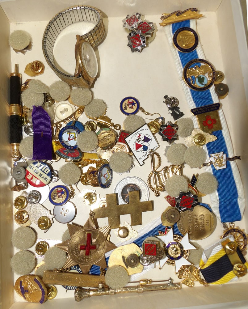 Lot Service Pins & Watch: Lot Service Pins & Watch. 9" W ALL DESCRIPTIONS AND ANY CONDITION STATEMENT GIVEN BY LANGSTON AUCTION GALLERY ARE STRICTLY OPINIONS AND LANGSTON'S SHALL HAVE NO RESPONSIBILITY FOR ERRORS OR OMISSIONS.