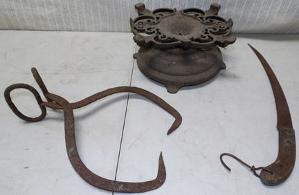 Lot Ice Tongs - Hand Saw - Stand