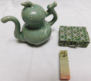 Oriental Celadon Double Gourd Ewer & Chinese Soapstone Ink Stamp