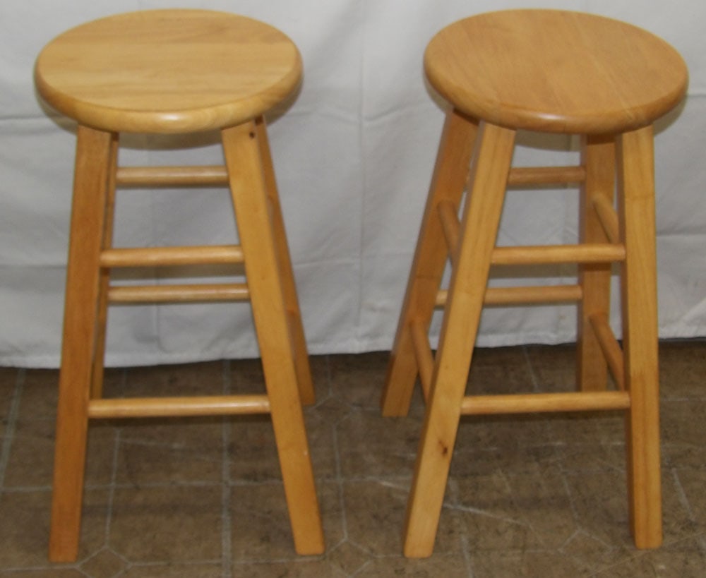 Pair of Modern Maple Stretcher Base Stools (1 of 3)