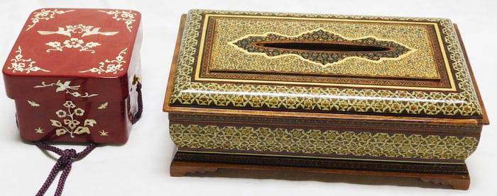 Micro Mosaic Inlaid Lift Top Box & Japanese Mother of Pearl Box Signed with Character Marks