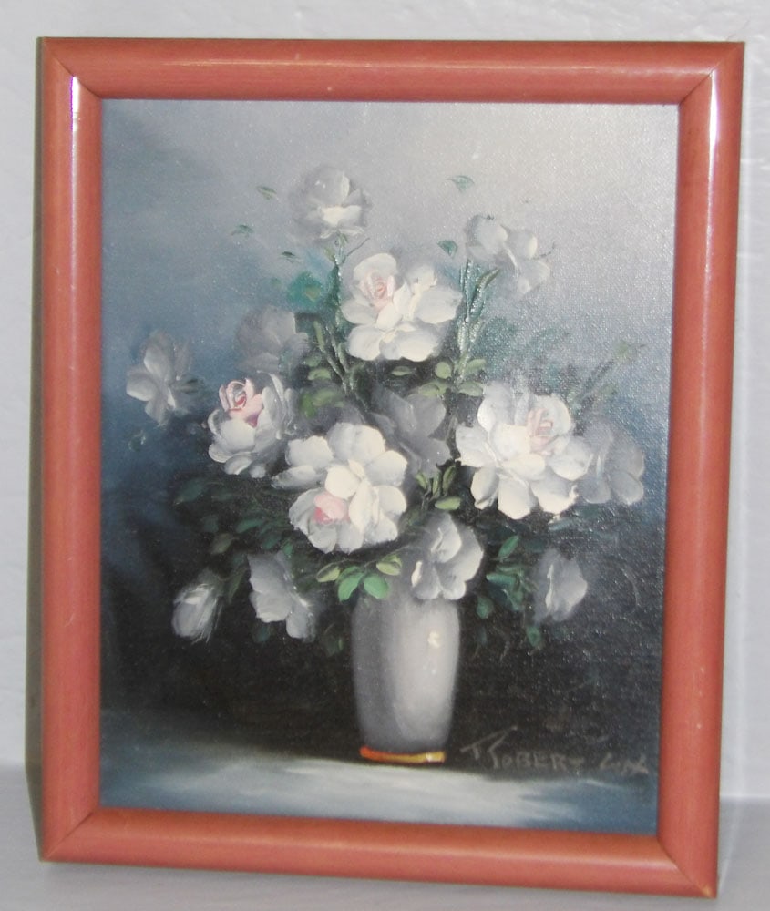 Small Framed Oil on Canvas of a Floral Still Life Signed by Robert Cox: Small Framed Oil on Canvas of a Floral Still Life Signed by Robert Cox . 9 1/2" x 11 1/2" ALL DESCRIPTIONS AND ANY CONDITION STATEMENT GIVEN BY LANGSTON AUCTION GALLERY ARE STRICTLY OPINIONS AND LANGS