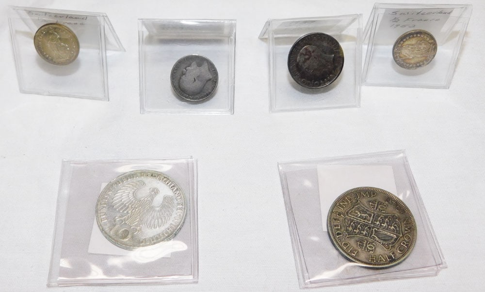 Lot of Silver Foreign Coins Including Six Pence, Italian Lire, Swiss1/2 Francs, 1/2 Crown, & 10 (1 of 5)