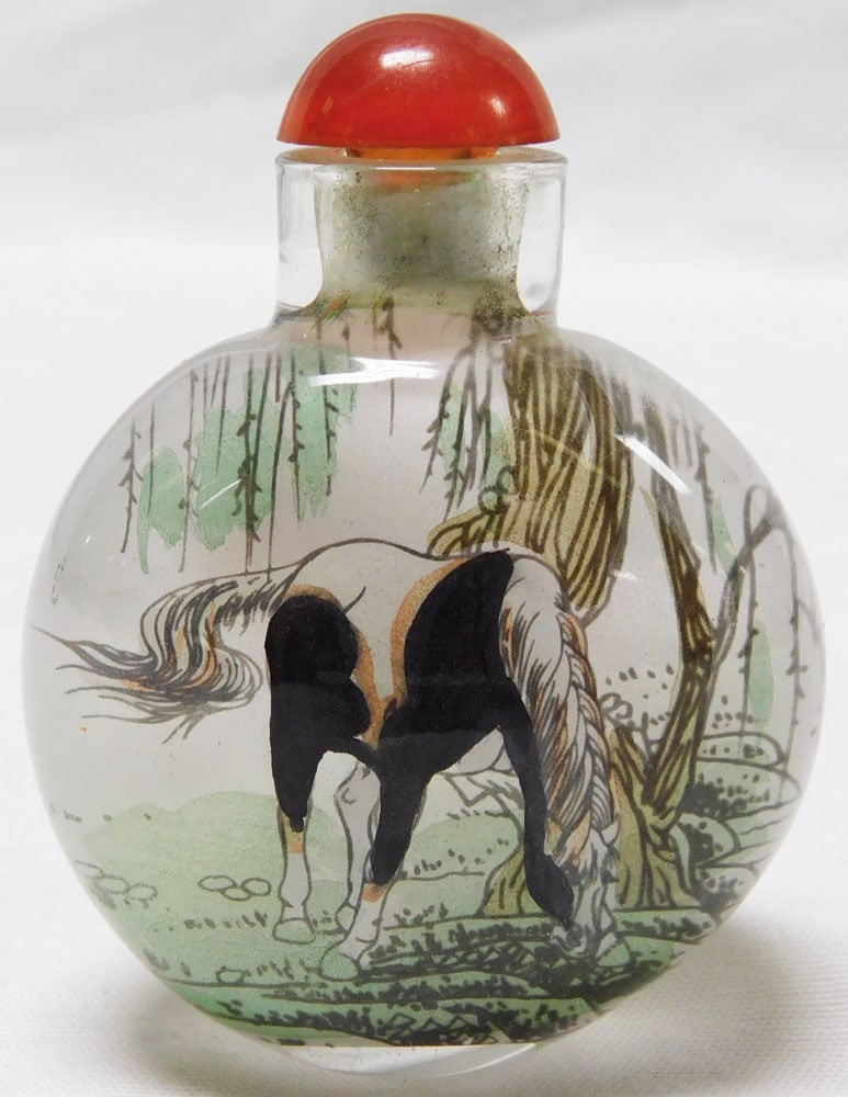 Oriental Reverse Painted Scent Bottle: Oriental Reverse Painted Scent Bottle. 2 1/2" H ALL DESCRIPTIONS AND ANY CONDITION STATEMENT GIVEN BY LANGSTON AUCTION GALLERY ARE STRICTLY OPINIONS AND LANGSTON'S SHALL HAVE NO RESPONSIBILITY FOR ERR
