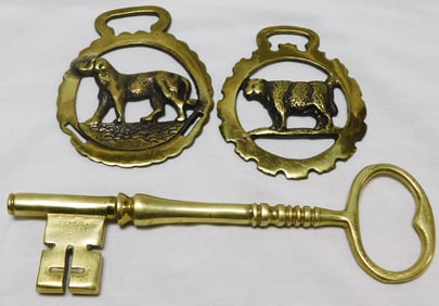 Two English Horse Brasses & Virginia Metalcrafters Brass Key
