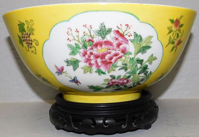 Oriental Porcelain Bowl on Teak Wood Stand