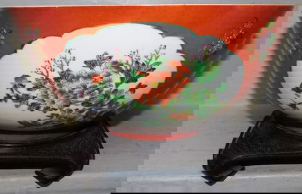 Oriental Porcelain Bowl on Teak Wood Stand