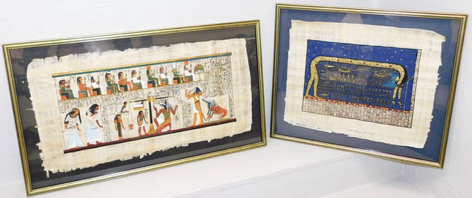 Two Framed Egyptian Watercolors on Papyrus