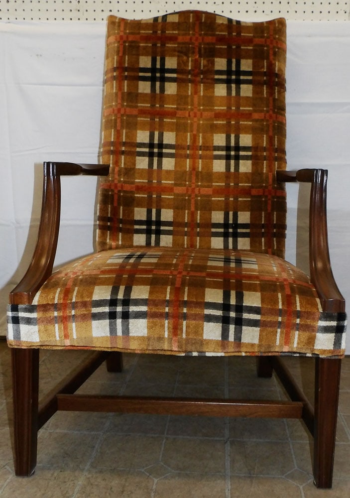 Mahogany & Upholstered Library Chair : Mahogany & Upholstered Library Chair . 43 1/4" H 26" W 25" D ALL DESCRIPTIONS AND ANY CONDITION STATEMENT GIVEN BY LANGSTON AUCTION GALLERY ARE STRICTLY OPINIONS AND LANGSTON'S SHALL HAVE NO RESPONSIB