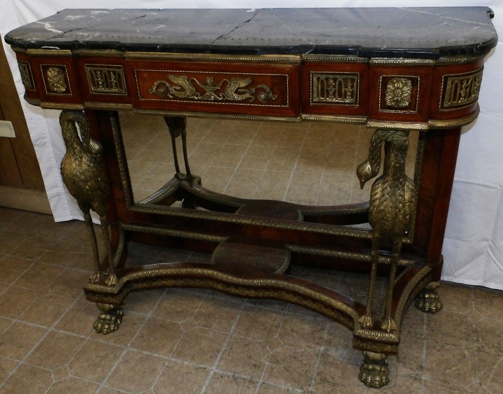French Rosewood & Burl Walnut One Drawer Pier Table with Bronze Heron, (Marble As Is) (1 of 9)