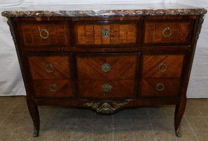 French Rosewood & Marble Top Drop Front Commode with Bronze Ormolu, (Hinges As Is)