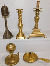 Lot of Antique Brass Candlesticks & Oil Lamps