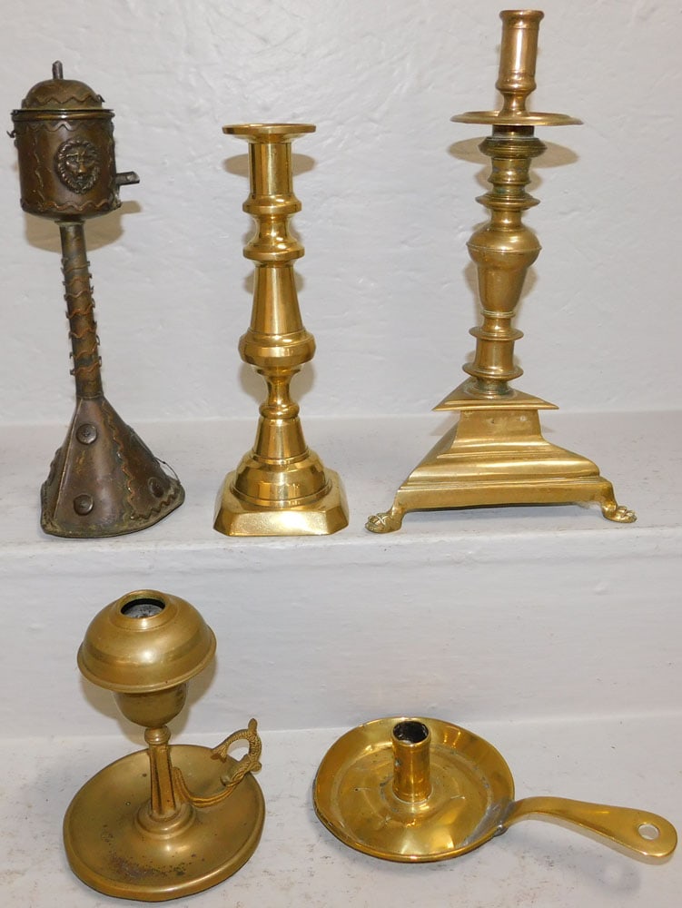 Lot of Antique Brass Candlesticks & Oil Lamps : Lot of Antique Brass Candlesticks & Oil Lamps . Up to 12" H 7" Dia. ALL DESCRIPTIONS AND ANY CONDITION STATEMENT GIVEN BY LANGSTON AUCTION GALLERY ARE STRICTLY OPINIONS AND LANGSTON'S SHALL HAVE NO RE