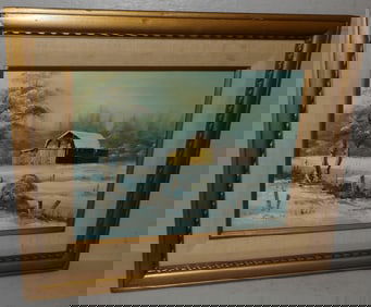 Framed Oil on Canvas of a Farm Snow Scene Artist Signed