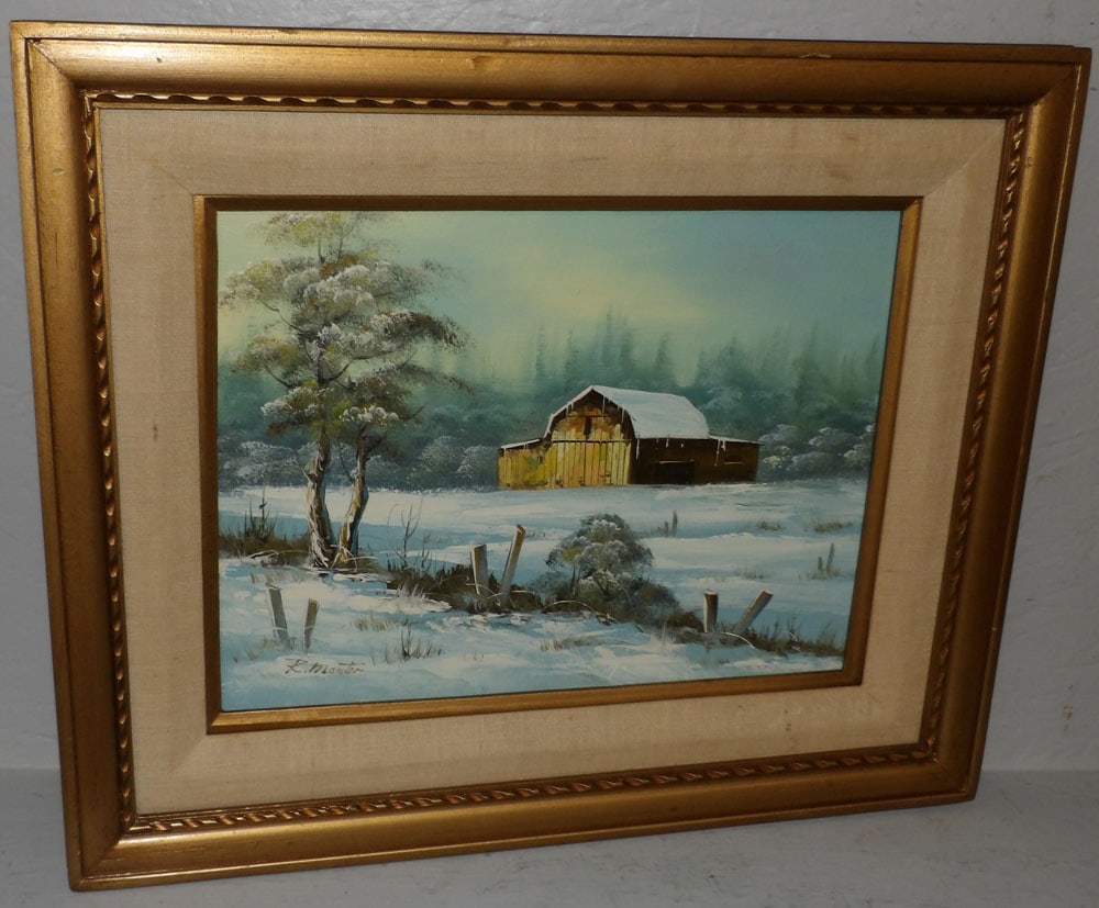 Framed Oil on Canvas of a Farm Snow Scene Artist Signed (1 of 4)