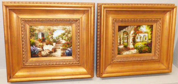 Pair of Gilt Framed Oil on Canvas Mediterranean Scene Paintings Signed by Keines
