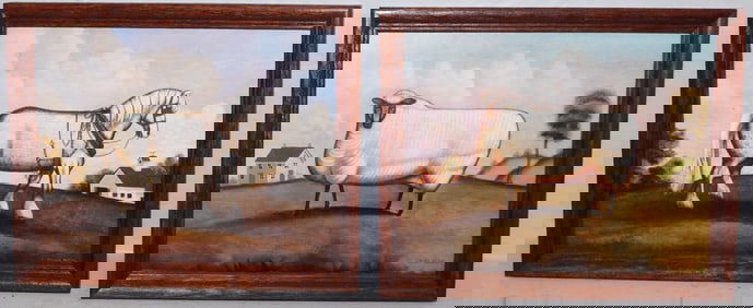 Pair of Framed Colored Folk Art Country Animal Portraits by Steven Klein