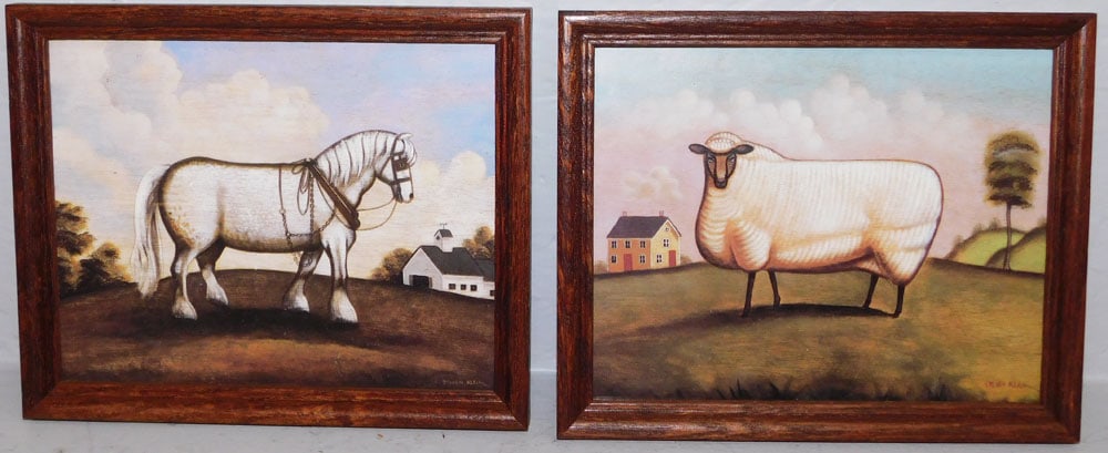 Pair of Framed Colored Folk Art Animal Portrait Prints by Steven Klein (1 of 4)