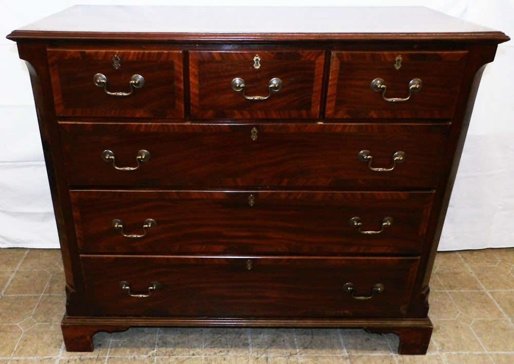 19th Century Mahogany Banded Top Three Over Three Drawer Chest : 19th Century Mahogany Banded Top Three Over Three Drawer Chest . 39 1/4" H 45 1/4" W 20 1/4" D ALL DESCRIPTIONS AND ANY CONDITION STATEMENT GIVEN BY LANGSTON AUCTION GALLERY ARE STRICTLY OPINIONS AND 