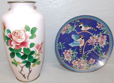 Oriental Enamel Vase & Cloisonne Plate with Bird Motif
