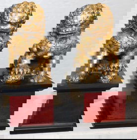 Pair of Gilded Metal Foo Dog Bookend Statues by Bombay