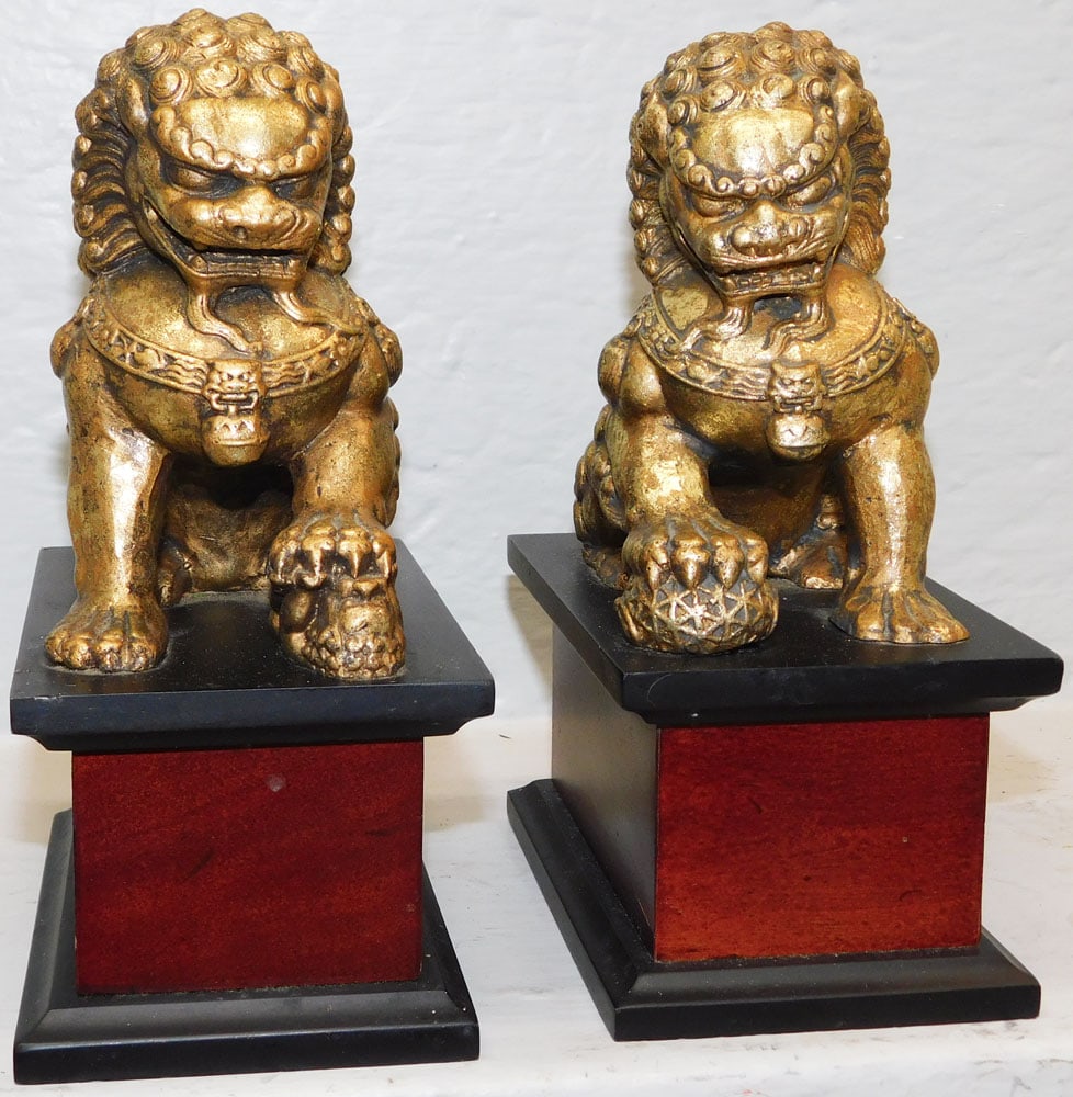 Pair of Gilded Metal Foo Dog Bookend Statues by Bombay (1 of 4)