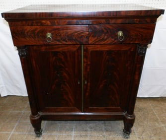 19th Century Carved & Burl Mahogany Empire Two Door Server with Dog Feet