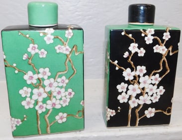 Pair of Oriental Porcelain Hawthorne Flower Motif Tea Caddies