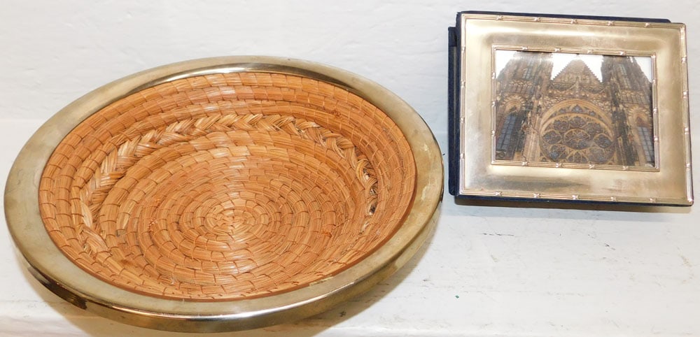 Silverplated Rim Basket & Silverplated Front Photo Album: Silverplated Rim Basket & Silverplated Front Photo Album. Up to 3" H 11" Dia. ALL DESCRIPTIONS AND ANY CONDITION STATEMENT GIVEN BY LANGSTON AUCTION GALLERY ARE STRICTLY OPINIONS AND LANGSTON'S SHALL 