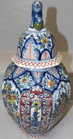 Painted Porcelain Polychrome Decorated Urn with Lion Finial