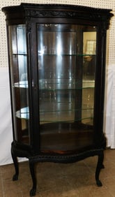 Antique Carved Oak Bow Front China Cabinet with Mirror Back