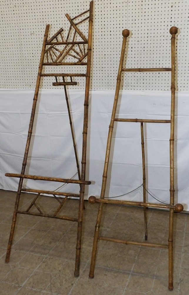Two Bamboo Easels: Two Bamboo Easels. Up to 72 1/4" H 23 3/4" W ALL DESCRIPTIONS AND ANY CONDITION STATEMENT GIVEN BY LANGSTON AUCTION GALLERY ARE STRICTLY OPINIONS AND LANGSTON'S SHALL HAVE NO RESPONSIBILITY FOR ERRORS