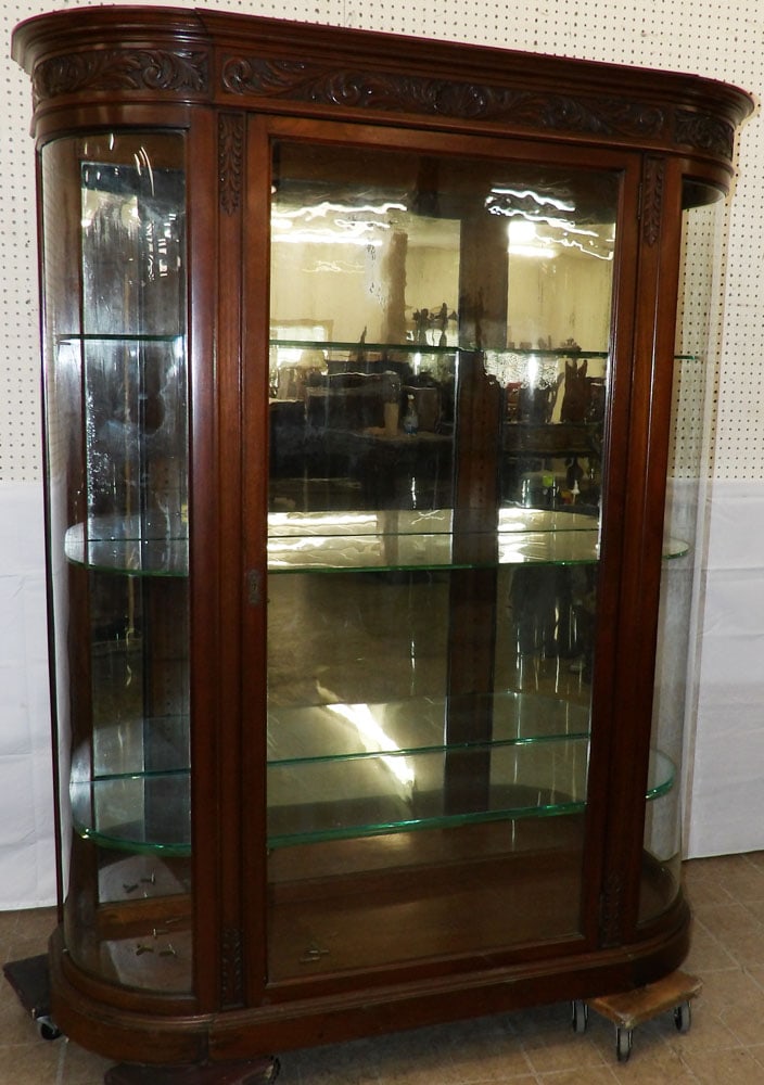 Antique Carved Walnut Cabinet with Curved Glass & Mirrored Back (1 of 7)
