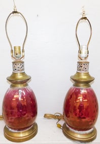 Pair of Cranberry Inverted Thumbprint Vases Made Into Lamps